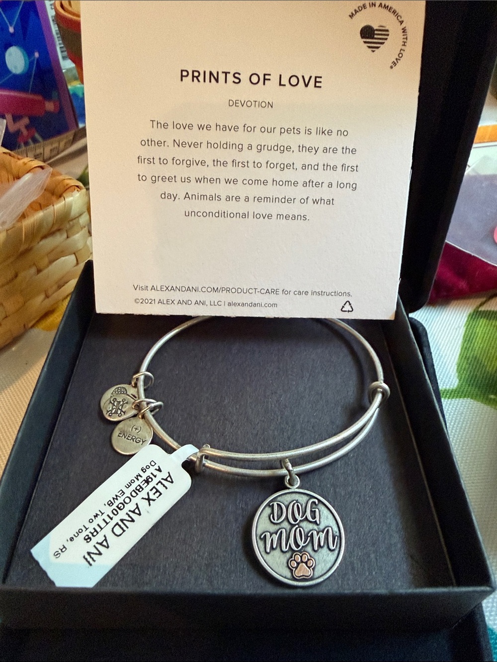 Alex and Ani Silver 'Dog Mom' Charm Bangle with Paw Accent NWT & box - Picture 2 of 2